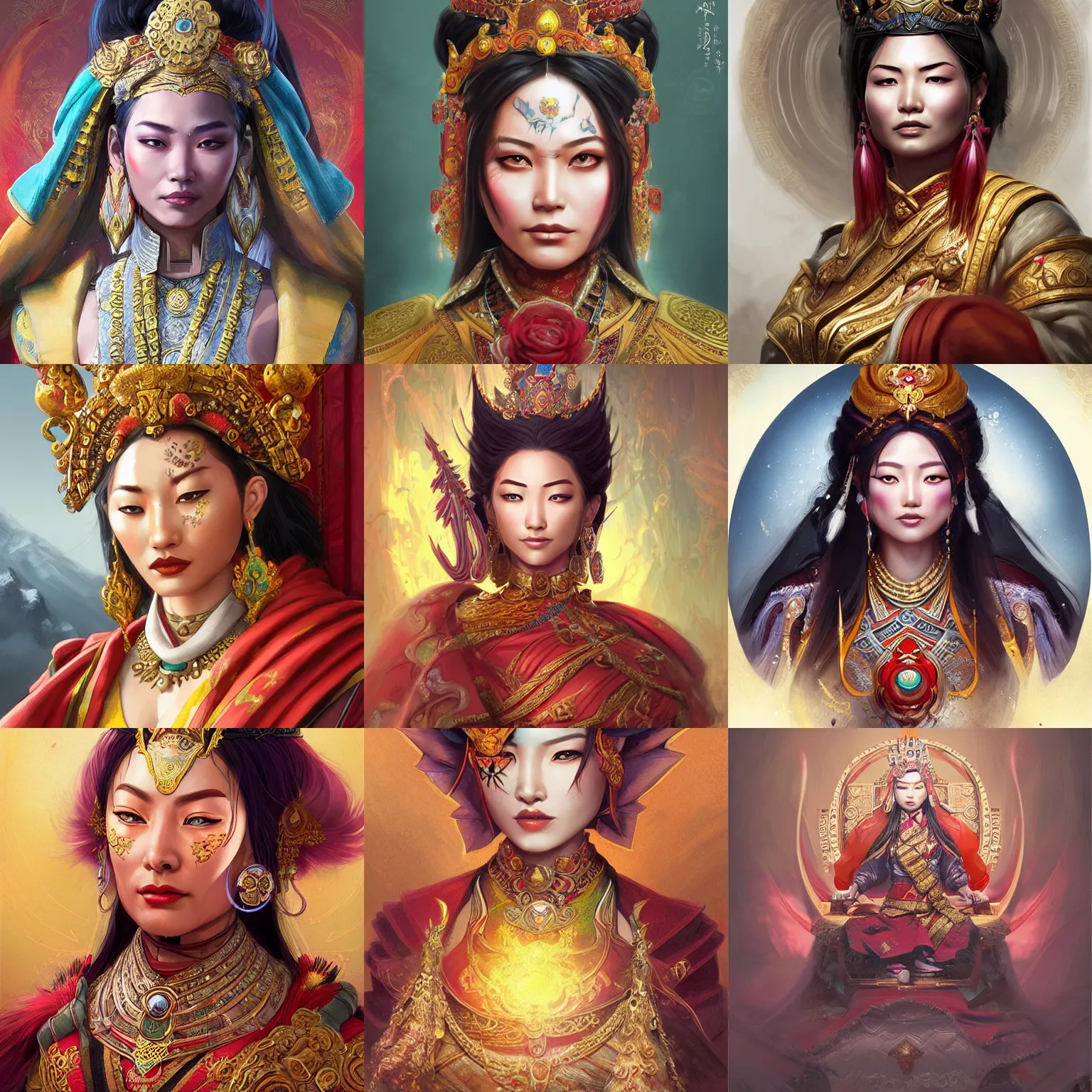 Prompt: tibetan empress, D&D, fantasy, portrait, highly detailed, digital painting, trending on artstation, concept art, sharp focus, illustration, art by artgerm and greg rutkowski and magali villeneuve