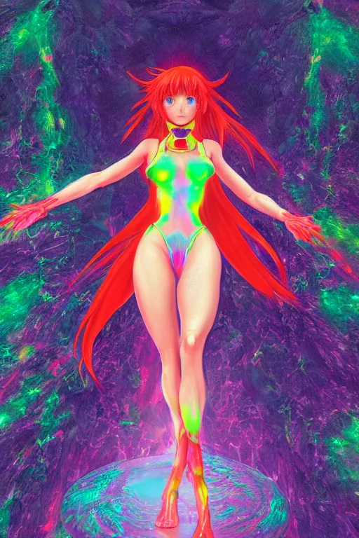 Prompt: a hyperdimensional priestess, Asuka Langley from Evangelion, neon rainbow quartz, gemstone, 4k detailed hyperrealistic digital photo by Andy Thomas, Mario Martinez, Daniel Mirante, Gustave Dore, Artstation, CGsociety