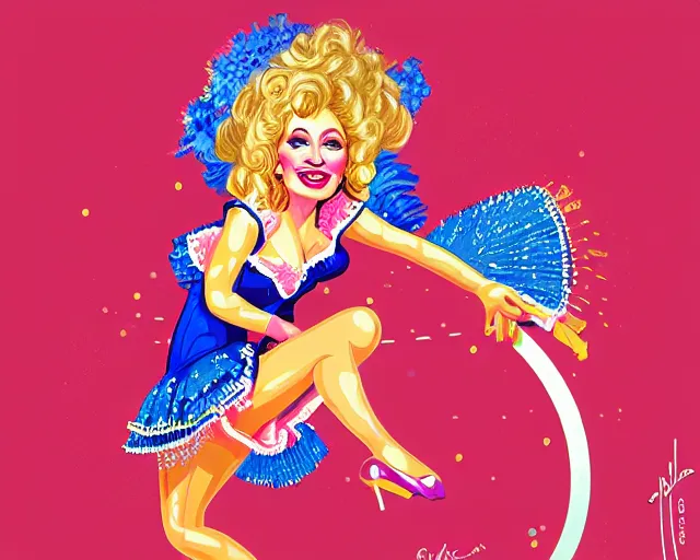 Image similar to young dolly parton as a cancan dancer in art deco style, hyper realistic, artstation, illustration, bright, cheerful, detailed and intricate environment