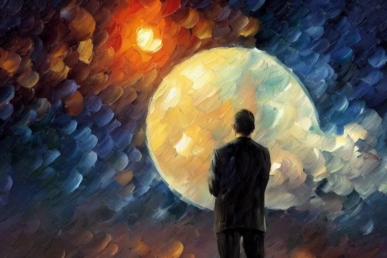 Prompt: a closeup oil painting of a man staring at the moon, dark cloudy night, ultra realistic, true life, 8 k, masterpiece, cinematic, by leonid afremov, frank frazetta, greg rutkowski, christian macnevin, beeple, wlop, krenz cushart, epic character art, volumetric lighting, dark night