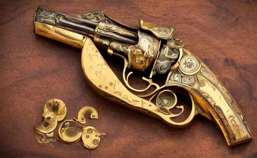 Prompt: golden revolver with engravings laying on a wooden table, complex, high detail