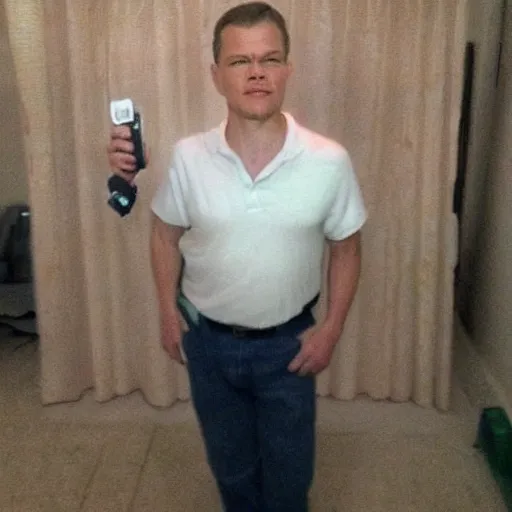 Image similar to HUH?? My dad look like Matt Damon, hand held picture, the camera flash is so bright in his face, viral photo