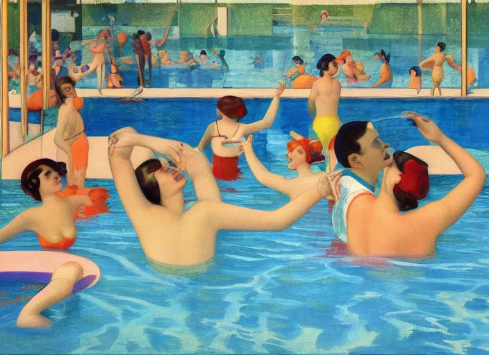 Image similar to a painting of a group of people playing in a pool at the edge of the world, an art deco painting by mark gertler, featured on flickr, american scene painting, 1 9 2 0 s, art deco, ilya kuvshinov