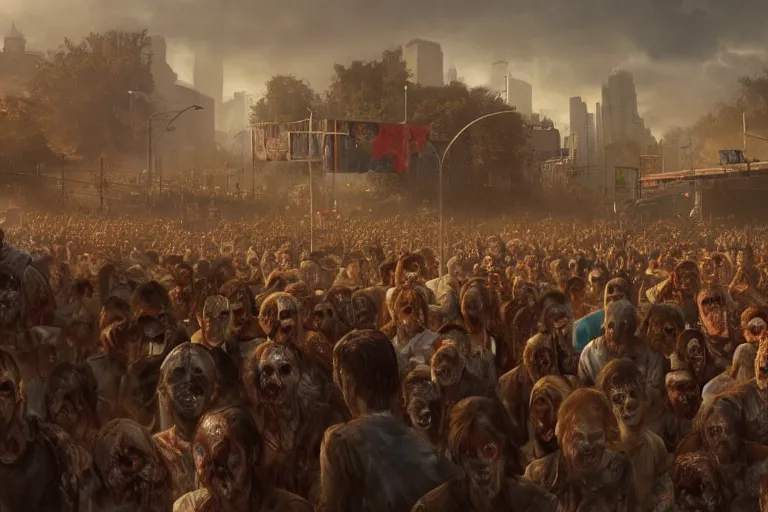 Image similar to a crowd of zombies watching a sports game, matte painting, long shot, concept art, wide shot, digital art, trending on artstation, 4 k, extremely detailed, realistic, midday, warm colors, golden sunlight, by greg rutkowski, cinematic, epic