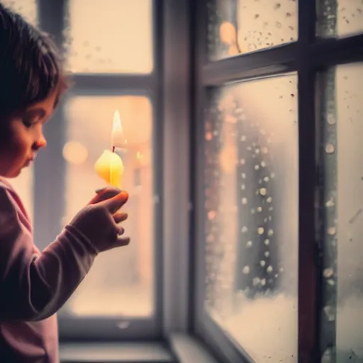 Image similar to a children photographed through a rainy window, bokeh, cinematic light, candles,