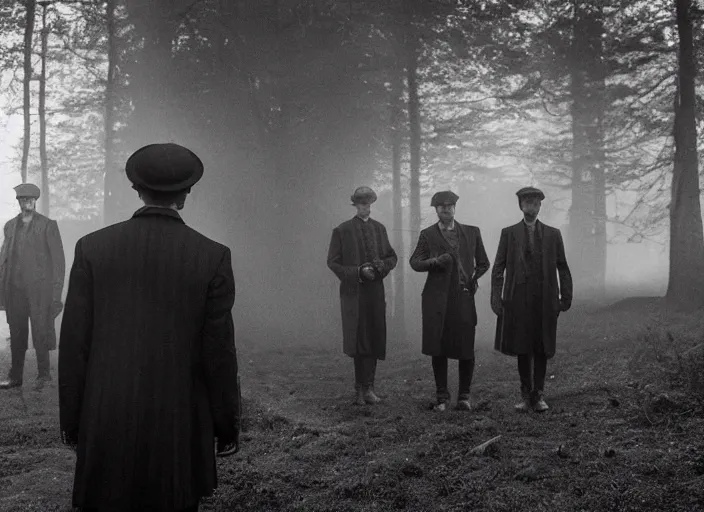 Prompt: an dramatic scene from peaky blinders, medium long shot, filmed in the dark woods, a cabin in the background, leonardo dicaprio and daniel day - lewis, faces covered in shadows, detailed and symmetric faces, black and white, cinematic, epic,