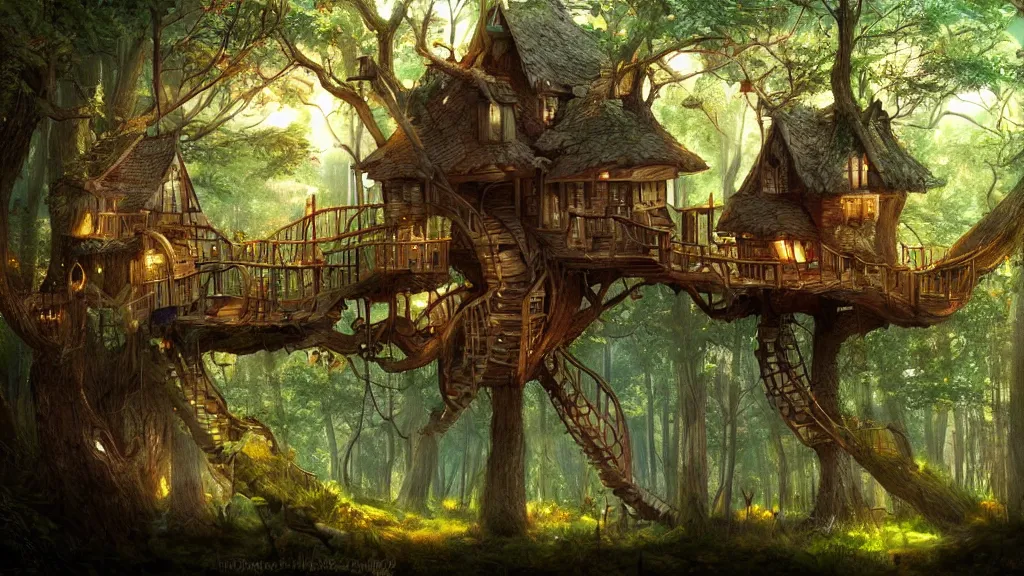 Prompt: beautiful treehouse in the woods ” beautiful dreamscape, digital art, concept art, detailed, lovely colors, art station, 3 - d 4 k, beautiful background, matte painting,,