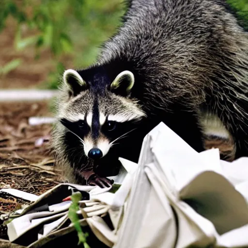 Prompt: green - tinted night vision footage of a family of raccoon digging through a gigantic mound of trash and papers and junk