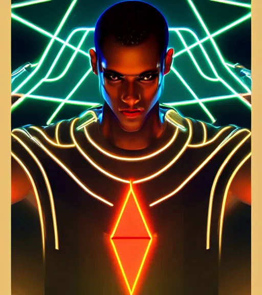 Image similar to symmetry!! egyptian god of technology, solid cube of light, hard edges, product render retro - futuristic poster scifi, lasers and neon circuits, brown skin handsome egyptian god, intricate, elegant, highly detailed, digital painting, artstation, concept art, smooth, sharp focus, illustration, dreamlike, art by artgerm