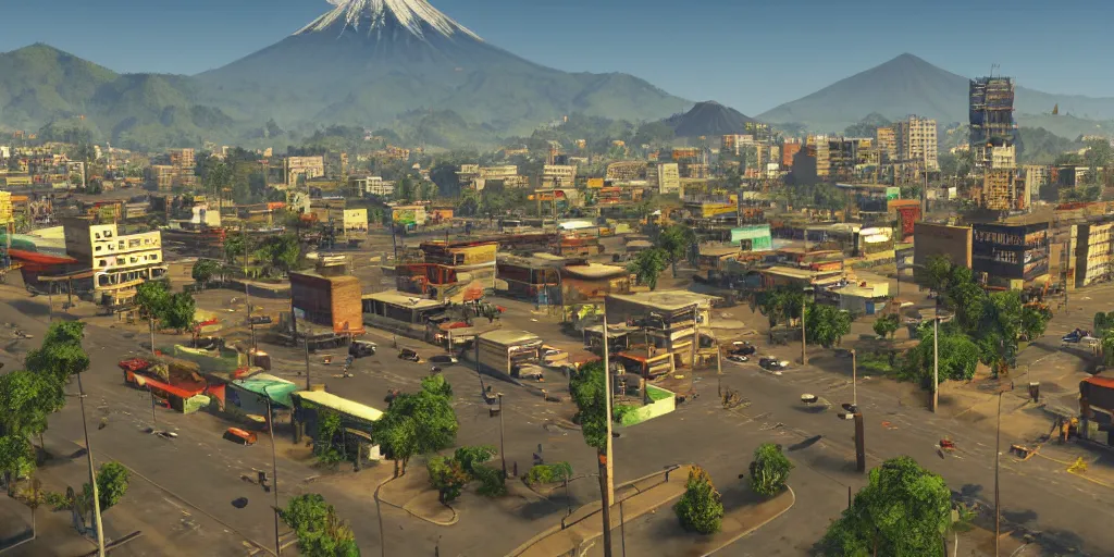 Image similar to guatemala city if it was a game like grand theft auto v, with realistic visuals and award winning gameplay