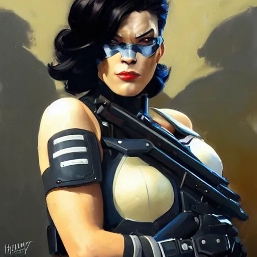 Image similar to greg manchess portrait painting of armored neena thurman aka domino as overwatch character, medium shot, asymmetrical, profile picture, organic painting, sunny day, matte painting, bold shapes, hard edges, street art, trending on artstation, by huang guangjian and gil elvgren and sachin teng