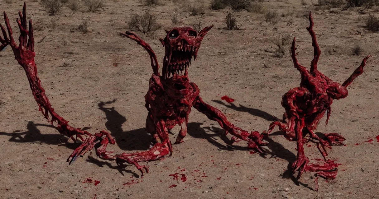 Image similar to in the desert a bloody gross horrifying The Thing creature made of muscle and bone and blood stares at the camera, eating, there is a pool of blood on the ground, it walks on two legs, like a skinwalker, mid day, 35mm photography, realistic,