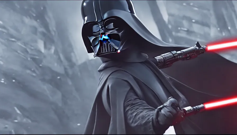 Image similar to cinematic shot of darth vader fighting harley quinn with a lightsaber, movie sequence from the original star wars