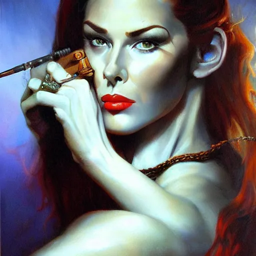 Prompt: detailed portrait of widowmaker intricate, hyper detailed, realistic, oil painting, by julie bell, frank frazetta, cinematic lighting