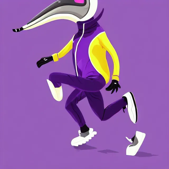 Image similar to epic professional digital art of a cartoon. anthropomorphic anteater in a purple track suit running on a treadmill,, best on artstation, cgsociety, wlop, Behance, pixiv, astonishing, impressive, outstanding, epic, cinematic, stunning, gorgeous, much detail, much wow,, masterpiece.