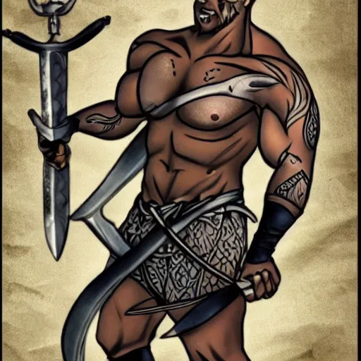 Image similar to muscular bald man, tattooed body, sword in hands, HD, anime style,