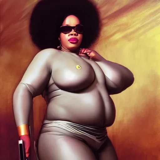 Image similar to cyberpunk fat oprah winfrey head domme mistress, full body, dominatrix, tribal, smooth white tight clothes suit, ornate, very beautiful, concept art, realistic painting, androgynous, afrofuturism, daz 3 d, cinematic, cgsociety, digital art by greg rutkowski, by alphonse mucha,