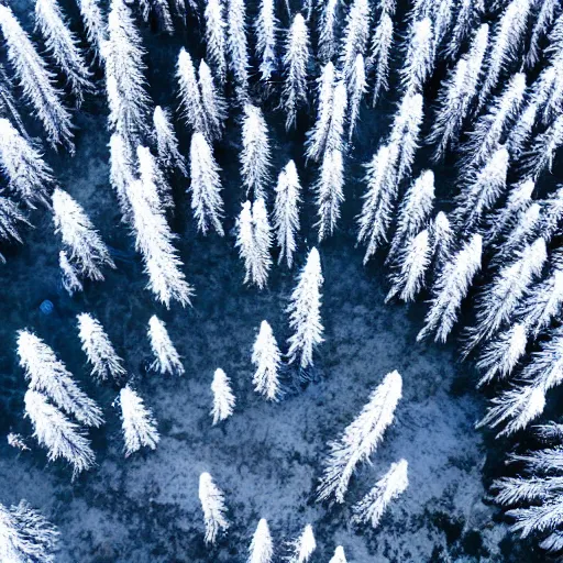 Image similar to sattelite image of snow from 150 meters height, some cutted trees and frozen trees covered with ice and snow, old lumber mill remains, beautiful winter area