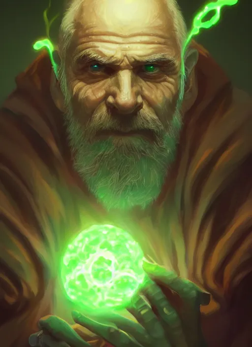 Prompt: a highly detailed illustration of bald old man smoking with green glowing eyes, dramatic standing pose, nuclear background, intricate, elegant, highly detailed, centered, digital painting, artstation, concept art, smooth, sharp focus, league of legends concept art, wlop.