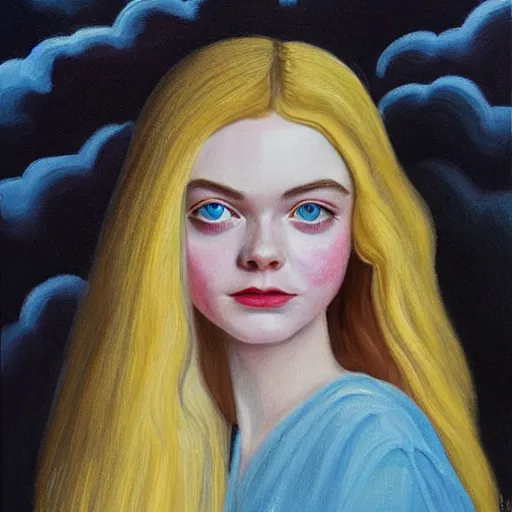 Prompt: professional painting of Elle Fanning in the style Agnes Lawrence Pelton, head and shoulders portrait, symmetrical facial features, smooth, sharp focus, illustration, intricate, stormy weather, extremely detailed masterpiece,