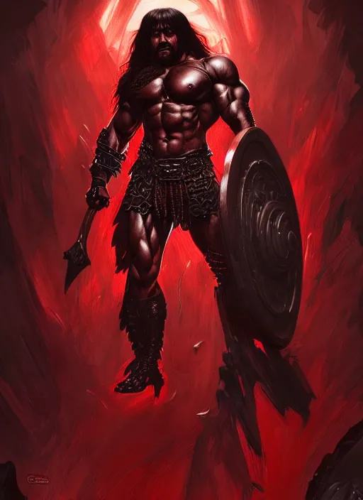 Image similar to portrait of aggresive conan the barbarian, d & d, muscular! athetic slim bodybuilder, red and black, futuristic, fantasy, intricate, elegant, highly detailed, digital painting, artstation, concept art, smooth, sharp focus, illustration, art by artgerm and greg rutkowski and alphonse mucha