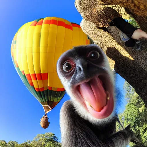 Image similar to gibbon hanging upside down from rope attached to hot - air balloon, smiling at camera, exaggerated perspective