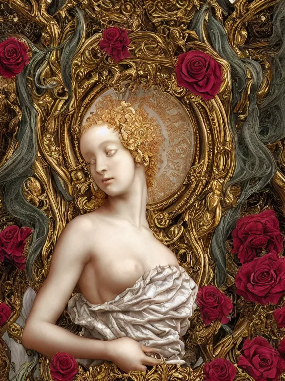 Image similar to a beautiful render of catholic rococo roses veiled red queen sculpture with symmetry intricate detailed,by Edward Burne-Jones and Lawrence Alma-Tadema and aaron horkey and NekroXIII and Billelis and peter gric,Trending on artstation,ZBrush,maximalist,glittering,gold,silver,ivory,hyperreal,golden ratio,cinematic lighting