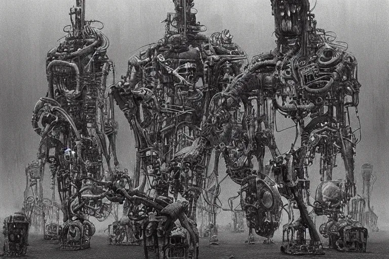 Image similar to tobots cyborgs scrapyard by beksinski