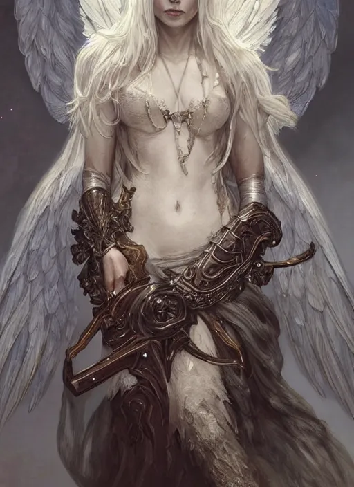 Prompt: Aasimar Paladin with shaggy silver hair, brown scruffy beard, angel wings, epic, striking, fantasy, intricate, elegant, highly detailed, digital painting, artstation, concept art, smooth, sharp focus, illustration, art by Krenz Cushart and Artem Demura and alphonse mucha