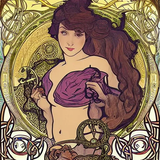 Image similar to lady with long curly hair with a cat beside her, with celtic spread tarot cards on a table in front of her, in a gypsy tent with Alphonse Mucha art nouveau poster style, with thin lines and pastel colors,