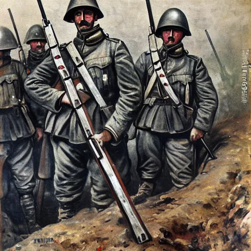 Image similar to inside a trench with a machine gun, ww 1 german soldiers stand at the ready, oil on canvas, 1 9 0 5