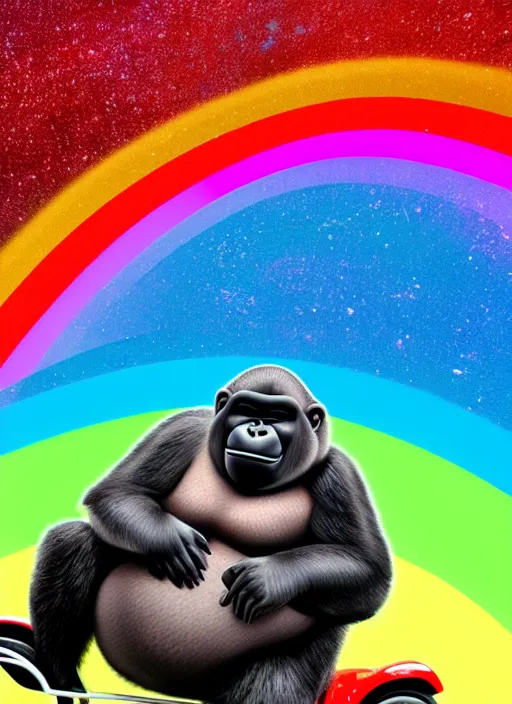 Image similar to A photo of a fat gorilla riding a tricycle on a rainbow road in space.