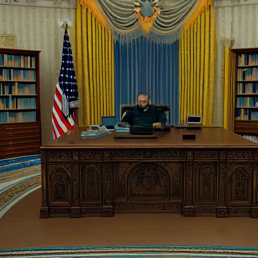 Image similar to cinematic shot of Yung Lean sitting in the desk in the oval office, 8k, very intricate, very detailed,