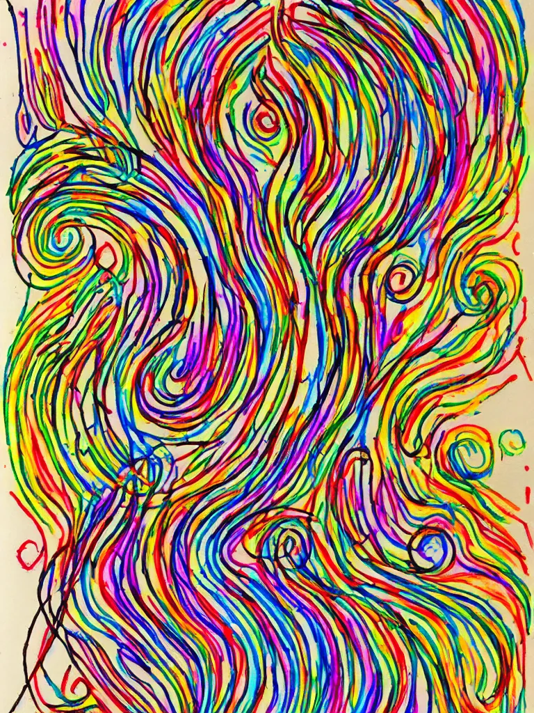 Image similar to sketch single line drawing with burst of color acorn that turns into a tree and creates a treble clef dividing line through the center vertical, color bursts when crossing center line to either side