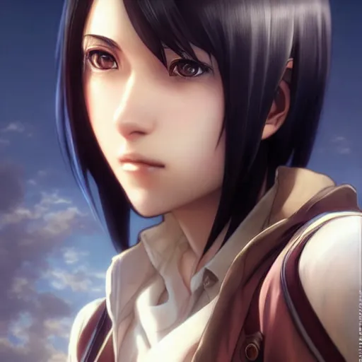 Image similar to mikasa ackerman, bokeh, beautiful face!!!!, 2 7 years old, cg animation, lifelike, animated, realistic, character select portrait, by artgerm, greg rutkowski, alphonse mucha, 3 d