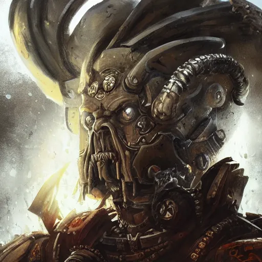 Image similar to Portrait of Warhammer 40k Primarch named Lech Wałęsa, intimidating, strong, Warhammer 40k, brown eyes, dark science fiction, intricate, highly detailed, digital painting, trending on artstation, concept art, slightly smooth, sharp focus, darker colors, RPG rulebook illustration, art by Raymond Swanland