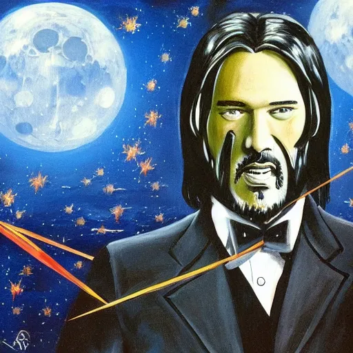 Prompt: painting of john wick in astronaut suit fighting with predators on the moon, created by salvador dali, pistols