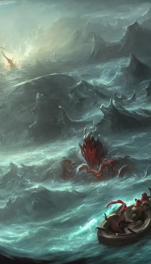 Image similar to man on boat crossing a body of water in hell with creatures in the water, sea of souls, by league of legends concept artists