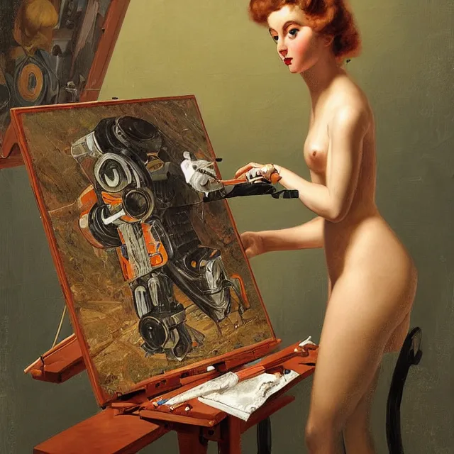 Image similar to robot artist painting a self - portrait on a canvas. intricate, highly detailed, digital matte painting, in the style of alexandros pyromallis, and in the style of hans thoma, and in the style of gil elvgren. irony, recursion, inspiration.