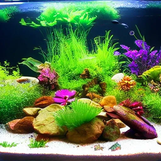 Prompt: a fish tank filled with plants and rocks, a computer rendering by jeff koons, pinterest, ecological art, diorama, made of flowers, vivid colors