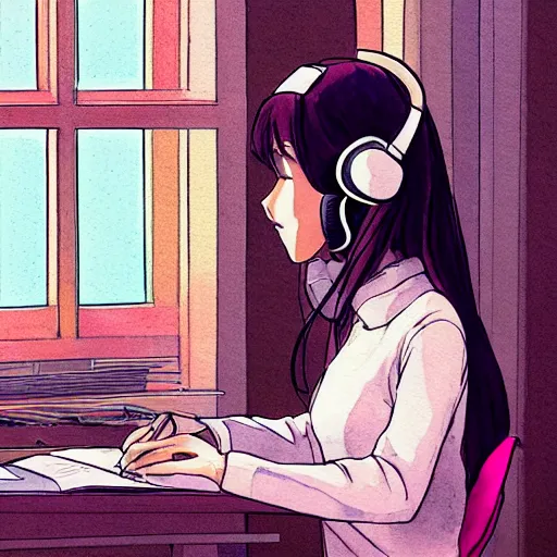 Prompt: anime girl wearing headphones sits at a desk in her bedroom studying, beautiful light thorough window in the style of lofi hiphop in pencil and watercolor by glen keane