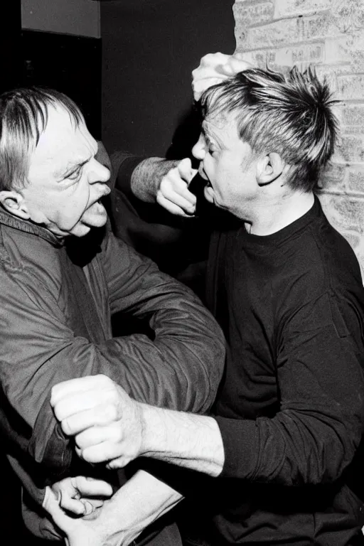 Prompt: Mark E Smith punching a middle aged man with short blonde hair and glasses