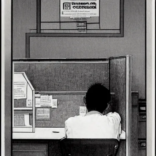 Image similar to despondent cubicle worker hunches over his desk. The desk has three monitors displaying code. By norman rockwell