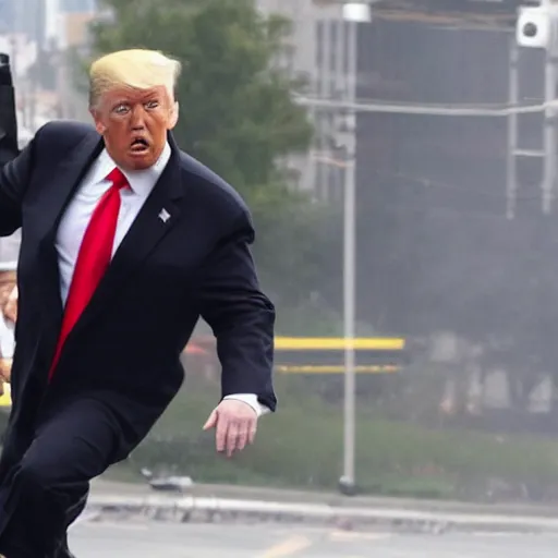 Image similar to donald trump running from the police, helicopters and explosions in the background