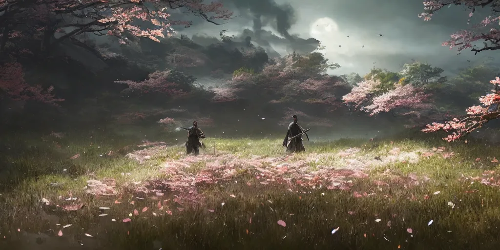 Image similar to an environmental concept art of ghost of tsushima, samurai duel, sakura petals blowing in the wind, highly detailed, environmental light, cinematic by francis tneh