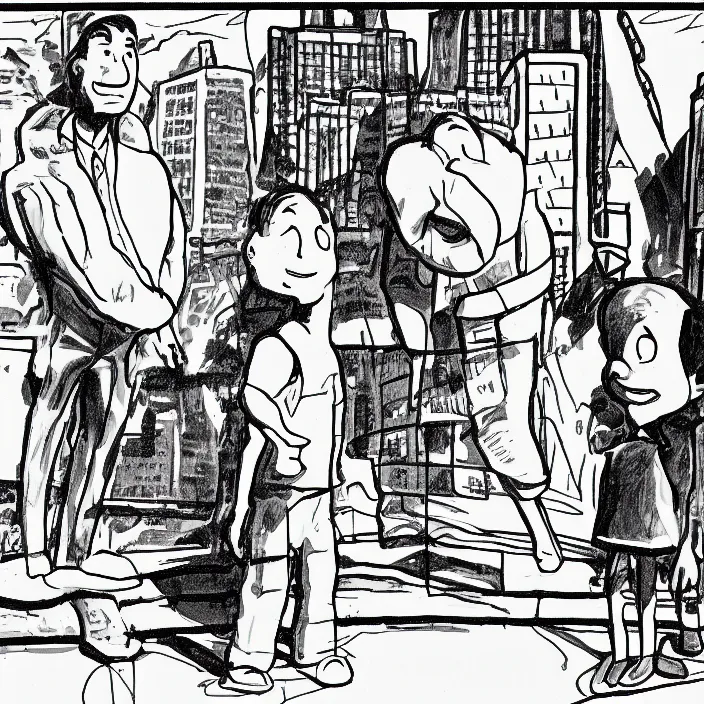 Prompt: a still frame from comic strip two person looking at the sculpture 1 9 9 0, new yorker illustration, monochrome contrast bw, lineart, manga