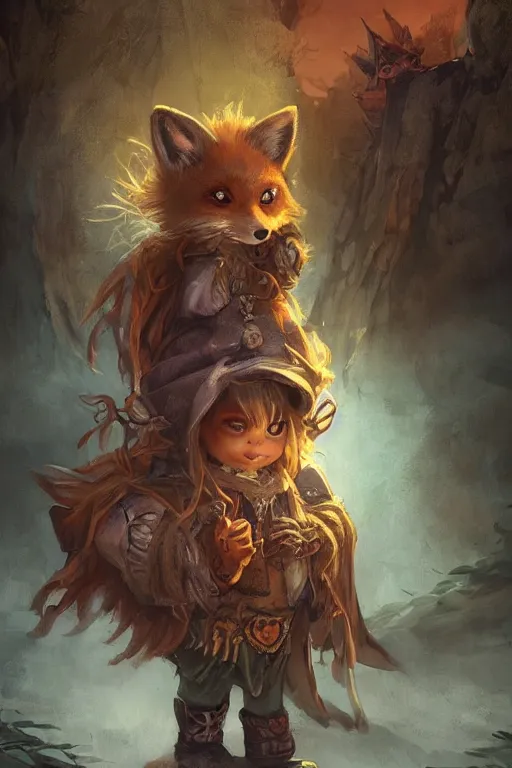 Prompt: cute little anthropomorphic foxy witch wearing a cape and a dreadlocks, tiny, small, miniature fox, baby animal, short, pale woodcut armor, cute and adorable, pretty, beautiful, DnD character art portrait, matte fantasy painting, DeviantArt Artstation, by Jason Felix by Steve Argyle by Tyler Jacobson by Peter Mohrbacher, cinematic lighting