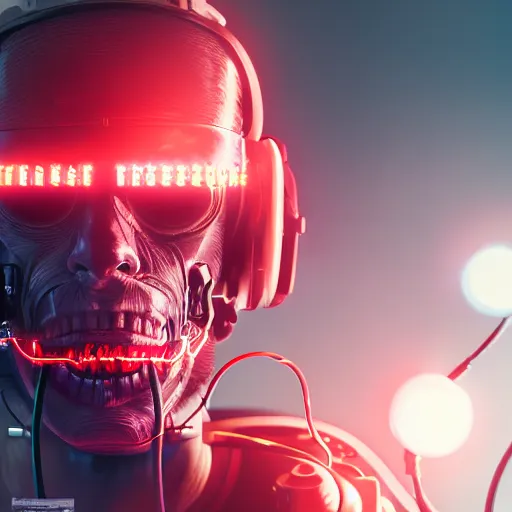 Prompt: a Portrait of a cyborg with wires coming out of his face, red glowing eyes, by Sam Spratt, by Vlad Rodrig﻿u﻿e﻿z, computer screens in the background, trending on Artstation, dark, dramatic, cinematic, realistic studio lighting, realistic reflections, 4k, professional, canon