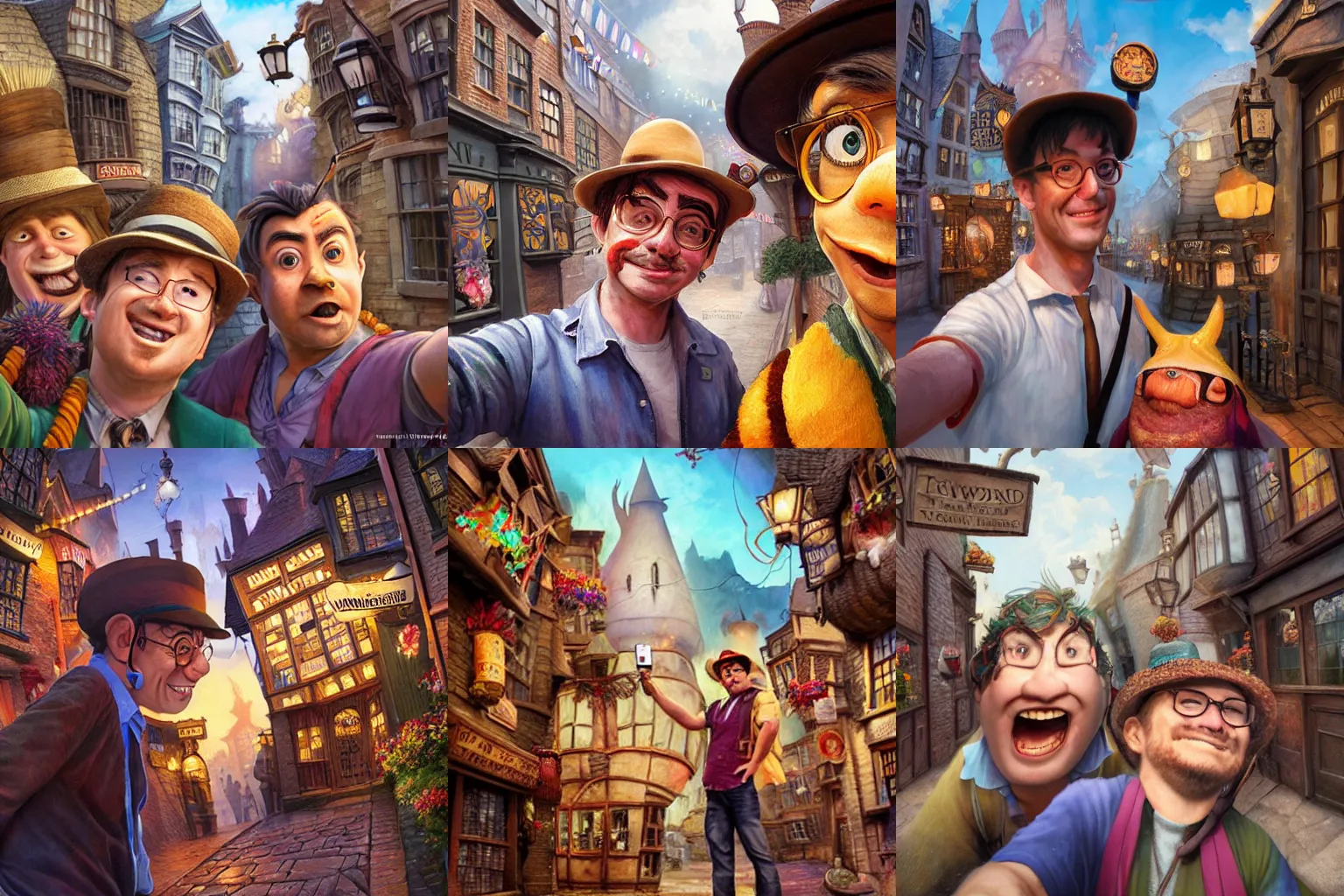 Prompt: Twoflower takes a selfie with Ricewind in Diagon Alley detailed, hyperrealistic, colorful, cinematic lighting, photorealistic, digital art by Paul Kidby, Kate Oleska and Jim Kay