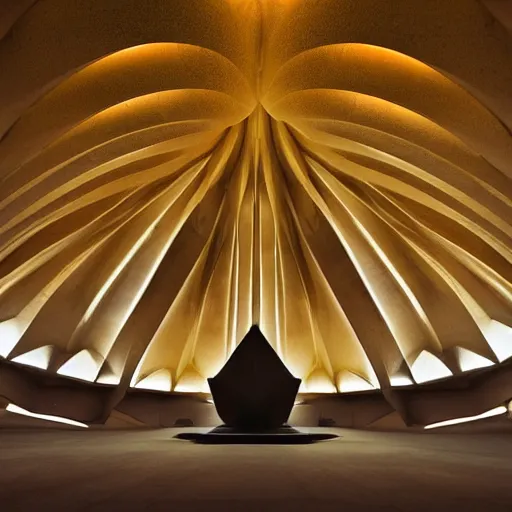 Image similar to eerie dark interior of a futuristic lotus temple with gold, red and white marble panels, smoke and shafts of sunlight in the centre, in the desert, by buckminster fuller and syd mead, intricate contemporary architecture with art nouveau motifs, photo journalism, photography, cinematic, national geographic photoshoot